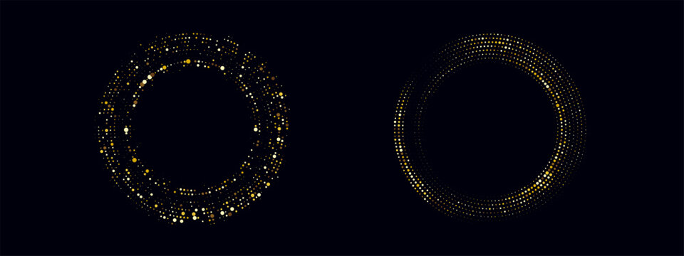 Abstract golden circle frame with glitter texture and dotted pattern. Vector design with radial symmetry and a luxurious gold background.