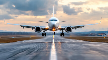 Obraz premium Commercial aircraft taking off with dramatic sunset backdrop, showcasing speed and power
