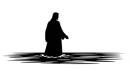  Striking silhouette of Jesus walking across water, capturing a famous miracle.