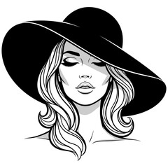 Elegant woman with closed eyes wearing a wide-brimmed hat, exuding timeless glamour and sophistication