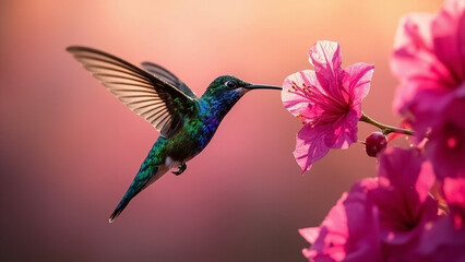 Obraz premium Exotic Hummingbird with Bright Pink Floral Background