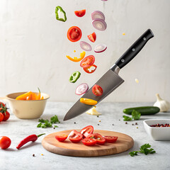 Kitchen Knife and Sliced Ingredients: Dynamic Food Preparation Scene