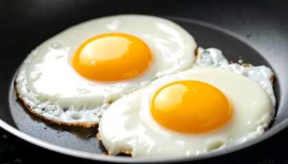 Delicious Fried Eggs in Pan Fresh breakfast concept with closeup on yellow yolks.