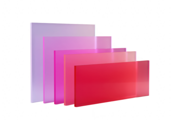 A stack of translucent acrylic sheets in a gradient of pink to red, isolated on a transparent background, creating a modern abstract design