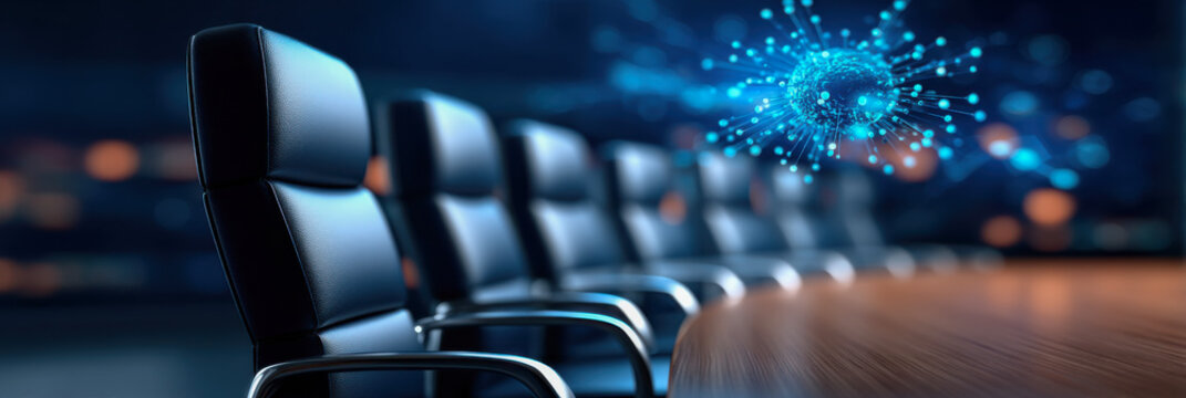 A modern conference room with sleek chairs and a digital representation of a molecular structure, implying a focus on technology and collaboration.