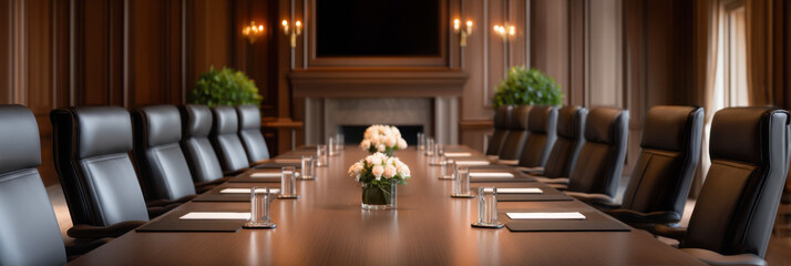 A luxurious conference room featuring a long wooden table, leather chairs, floral centerpieces, and elegant lighting.