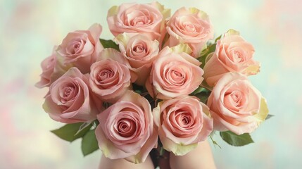 A delicate bouquet of pink roses held tenderly symbolizing love and appreciation in a soft focus