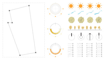 A modern site analysis symbol set for architecture and landscape design. Includes sun path, wind flow, vegetation, topography, views, and circulation arrows.
