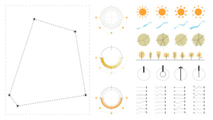 A modern site analysis symbol set for architecture and landscape design. Includes sun path, wind flow, vegetation, topography, views, and circulation arrows.