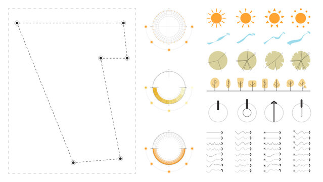 architecture site analysis symbol icon element drawing graphic flat isolated vector. architecture element line sun wind sound sun path vegetation.