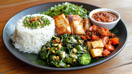 Delicious rice dish with grilled fish, spicy vegetables, and fresh greens
