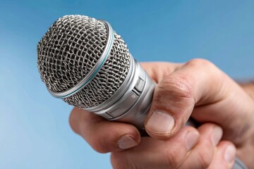 A hand holds a silver microphone against a light blue background
