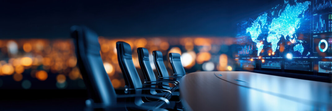 A sleek conference room with modern chairs and a digital map display, set against a glowing city skyline at night.