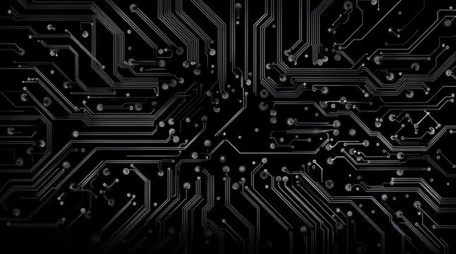 A detailed close up of a circuit board pattern with intricate silver lines on a black background
