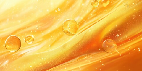 Golden liquid with bubbles swirling elegantly in bright light creating a mesmerizing abstract design
