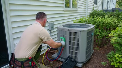 HVAC service worker diagnoses or repairs air conditioner compressor. HVAC Maintenance Service