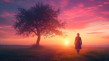 Woman walking alone at sunset