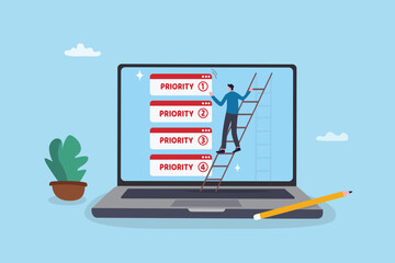 Priority work moving urgent and important task on top, planning with urgency list, critical or deadline work to be done, project planning concept, businessman move priority task on computer laptop.
