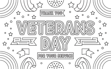Veterans Day Coloring Page with Bold Lettering, Stars, Banners, and Rainbows Thank You for Your Service Tribute Design, veterans day, thank you service