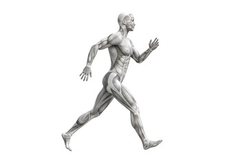 Anatomical illustration of a muscular man running, showing muscle definition, isolated on transparent background