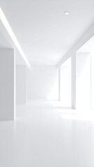 Fototapeta premium Bright, minimalist white room; sunlight streams through large windows, illuminating the clean, spacious interior