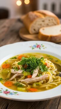 Delicious traditional polish rosol chicken noodle soup with fresh dill parsley and carrot in a bowl