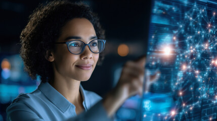 A woman with glasses interacts with a digital interface displaying interconnected data points, showcasing technology and innovation.