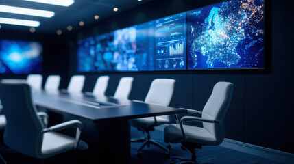 A modern conference room featuring high-tech screens displaying data and visuals, designed for meetings and presentations.