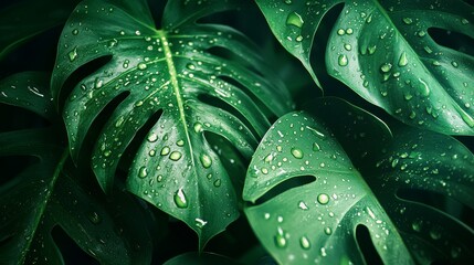 a high-resolution macro shot of monstera leaves, capturing the interplay of light and shadow on their glossy surfaces scattered dewdrops magnify the delicate textures, while the intricate natural