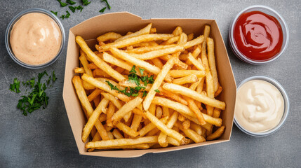 Crispy shoestring fries served in box with dipping sauces on side, creating delicious snack