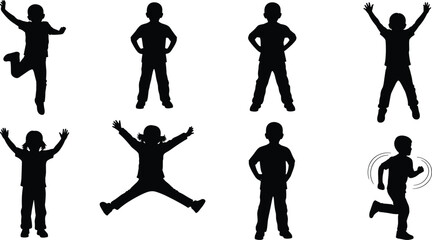 Children silhouettes, jumping pose, running figure, raised arms, hands on hips, dynamic movement, black outline, white background, playful gesture, kid icon