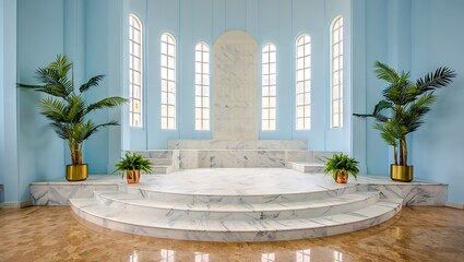 Elegant circular platform with tall windows and lush greenery