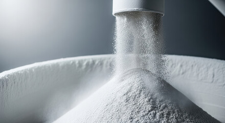 Fine white powder pours from industrial machine forming smooth conical pile in bright clean environment precise material handling and automated processing in modern manufacturing