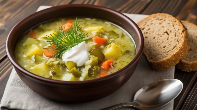 Traditional polish dill pickle soup or zupa ogorkowa with potatoes, carrots and sour cream