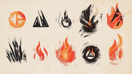 a minimalist fire safety illustration set, featuring rough chalk-textured warning symbols and flame sketches the imperfect, crayon-like strokes create a handmade aesthetic, with each icon