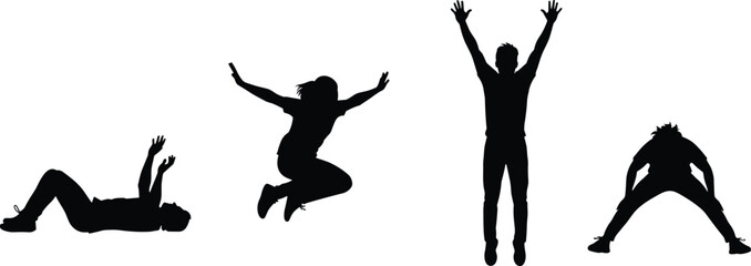 Human silhouette movement, standing, jumping, bending, stretching, dynamic poses, black figure illustration, motion reference, posture pack, body gesture sample