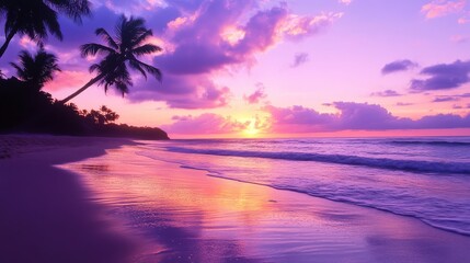 a picturesque beach scene bathed in warm, glowing light, the sky a mesmerizing gradient of pastel pinks and purples, towering palm silhouettes stretching toward the heavens, golden reflections