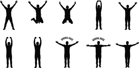 Human silhouette poses, arms raised, jumping, kneeling, standing, extended arms, general raise, black figure, white background, motion gesture, design element