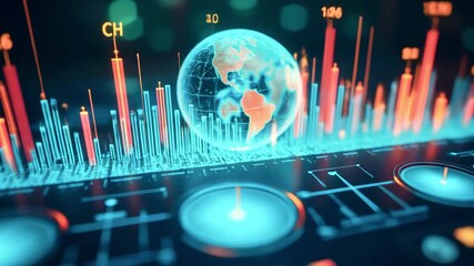 Futuristic digital interface showcasing a glowing globe and data analytics with vibrant graphs - Powered by Adobe