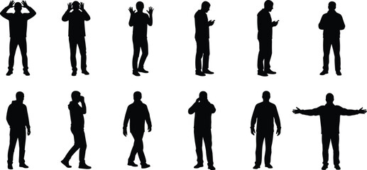 Human silhouette poses, gesture variations, body language, walking stance, phone usage, expressive posture, black outline, animation reference, design element, grid layout