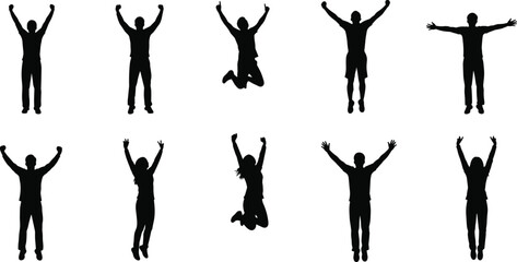 Human silhouettes, standing pose, jumping pose, arms raised, arms outstretched, black figures, white background, dynamic motion, body gesture, design element