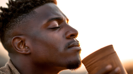 a close-up shot of a man taking a refreshing drink. The man looks relaxed with eyes closed. The soft light adds a sense of serenity