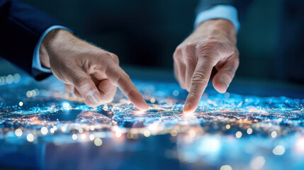Two hands point at a glowing digital map, illustrating collaboration and technology in navigation or planning.