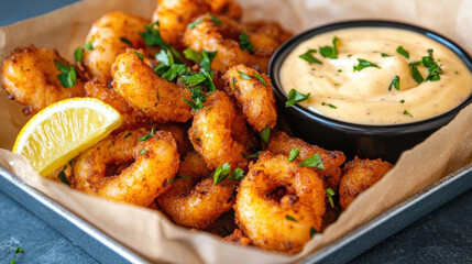 Crispy calamari fritti served with aioli sauce and lemon wedge, garnished with fresh herbs