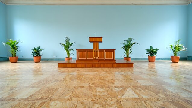 Wooden altar and plants in a serene hall