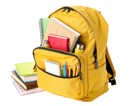 Yellow backpack with school supplies for students