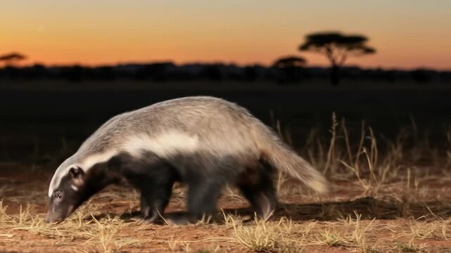 Honey badger searching for food in the african savanna at sunset with acacia trees in background