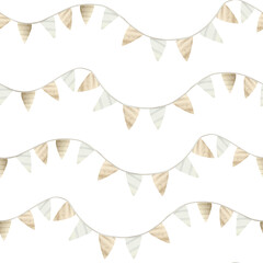 Vintage flags garland watercolor seamless pattern on white. Simple retro repeat background in pastel beige colors for kids birthday and children apparel © Elena Malgina