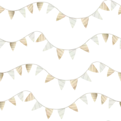 Vintage flags garland watercolor seamless pattern on white. Simple retro repeat background in pastel beige colors for kids birthday and children apparel © Elena Malgina