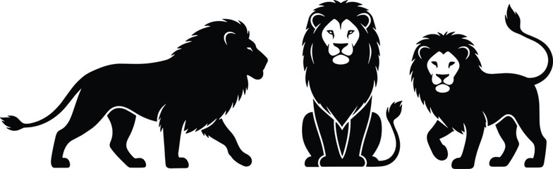 Lion silhouettes in various poses, walking lion, sitting lion, standing lion, majestic mane, wild animal, black outline, isolated, nature, wildlife